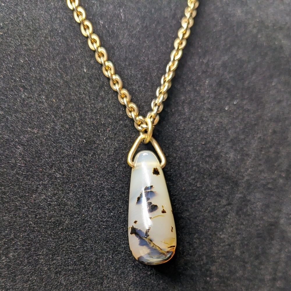 Montana Moss Agate Teardrop Pendant On 25" Brass-tone Chain